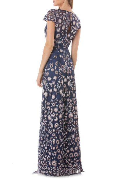 Shop Js Collections Embroidered Lace Gown In Navy/ Nude