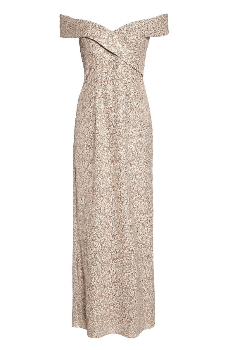 sequin off shoulder gown