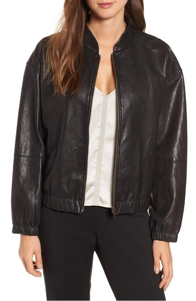 Shop Eileen Fisher Leather Bomber Jacket In Black