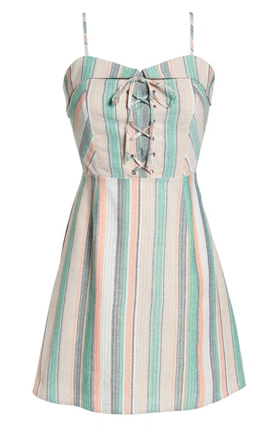 Shop Nsr Stripe Lace-up Minidress In Coral/ Mint