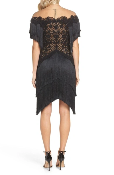Shop Tadashi Shoji Off The Shoulder Fringe & Embroidered Mesh Dress In Black/ Nude