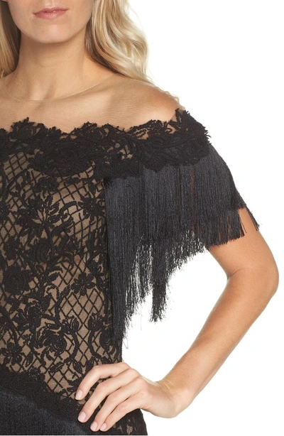 Shop Tadashi Shoji Off The Shoulder Fringe & Embroidered Mesh Dress In Black/ Nude