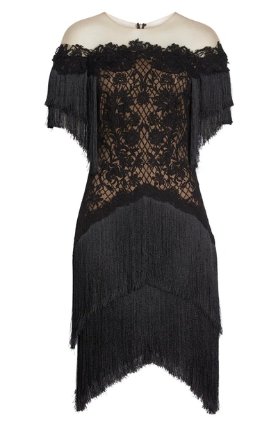 Shop Tadashi Shoji Off The Shoulder Fringe & Embroidered Mesh Dress In Black/ Nude