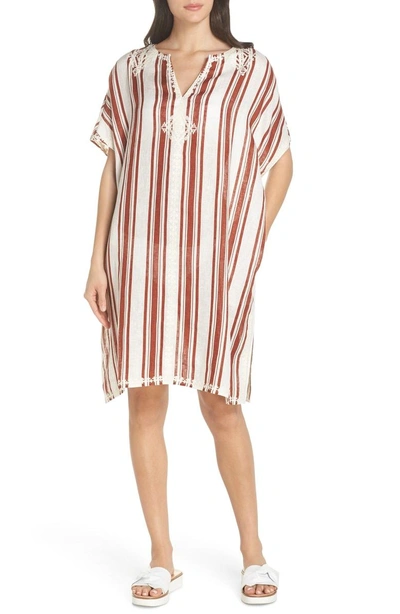 Shop Tory Burch Alcott Beach Linen Cover-up Caftan In New Ivory / Desert Stripe