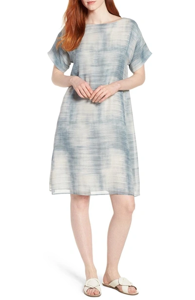 Shop Eileen Fisher Bateau Neck Silk Shift Dress In Blue Steel