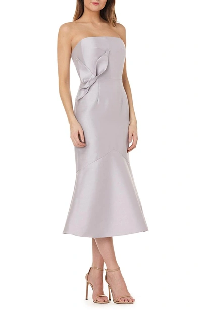 Shop Kay Unger Strapless Satin Tea Length Dress In Dove Grey