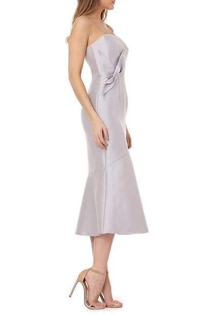 Shop Kay Unger Strapless Satin Tea Length Dress In Dove Grey