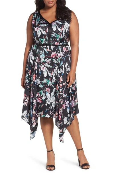 Adrianna Papell Print Satin Chiffon Handkerchief Dress In Black Multi