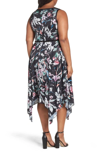 Adrianna Papell Print Satin Chiffon Handkerchief Dress In Black Multi