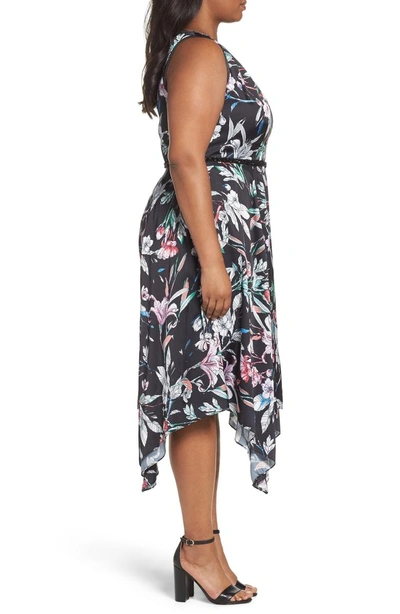 Adrianna Papell Print Satin Chiffon Handkerchief Dress In Black Multi