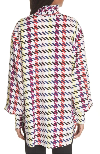 Shop Oscar De La Renta Houndstooth Tie Neck Stretch Silk Blouse In Mulberry Multi