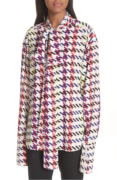 Shop Oscar De La Renta Houndstooth Tie Neck Stretch Silk Blouse In Mulberry Multi