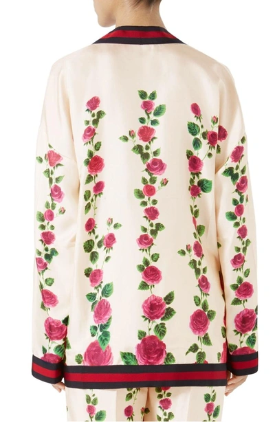 Shop Gucci Stripe Trim Rose Print Silk Cardigan In Ivory-pink