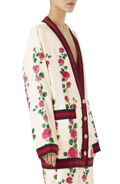 Shop Gucci Stripe Trim Rose Print Silk Cardigan In Ivory-pink