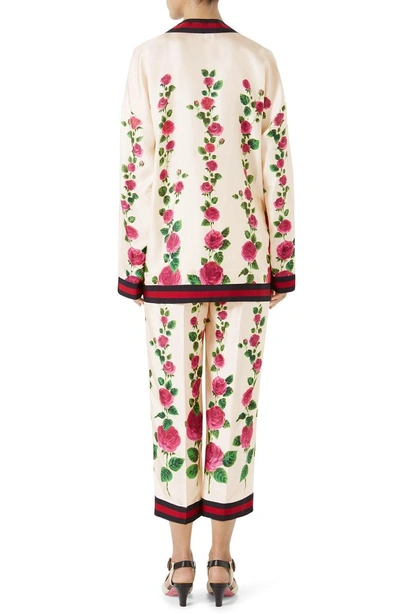 Shop Gucci Stripe Trim Rose Print Silk Cardigan In Ivory-pink
