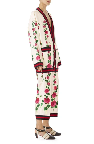 Shop Gucci Stripe Trim Rose Print Silk Cardigan In Ivory-pink