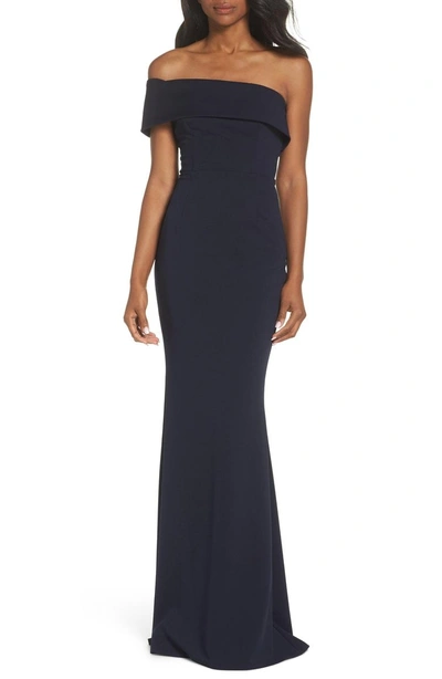 Shop Katie May Titan One-shoulder Cutout Crepe Gown In Navy