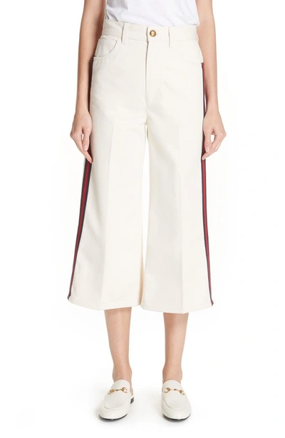 Shop Gucci Ribbon Detail Wide Leg Crop Jeans In Ivory/ Blue/ Red