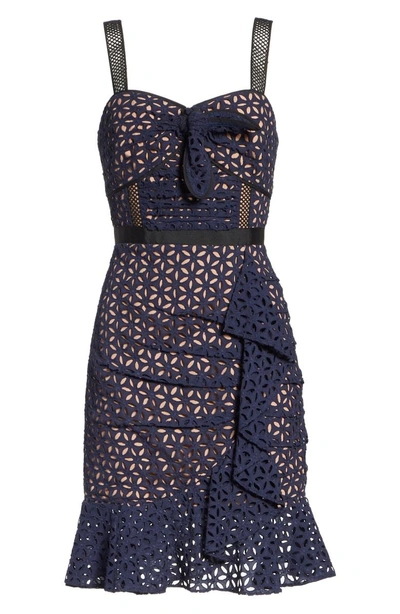 Shop Self-portrait Knot Front Broderie Anglaise Dress In Navy