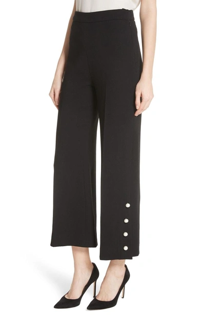 Shop Lela Rose Pearly Button Crop Wool Blend Pants In Black