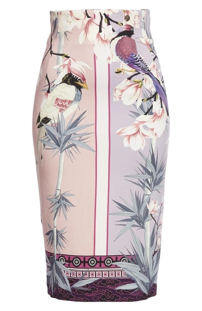 Shop Versace Bird Print Pencil Skirt In Pink/ Print