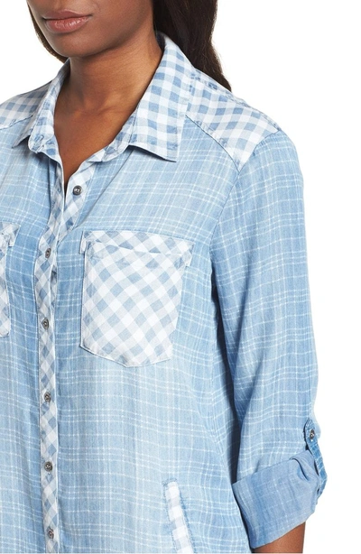 Shop Billy T Mixed Plaid Shirtdress In Blue Mix Media