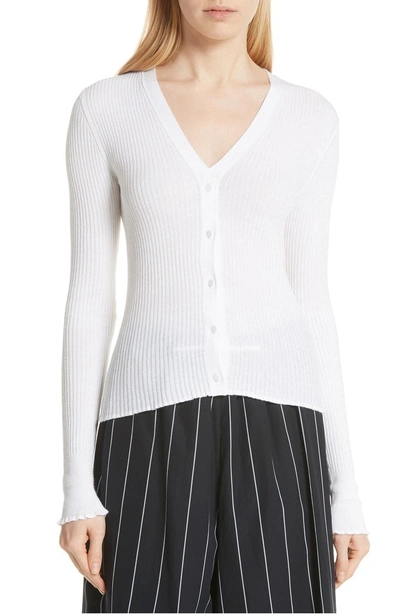 Shop Vince Ribbed Lettuce Cuff Cotton Cardigan In Optic White