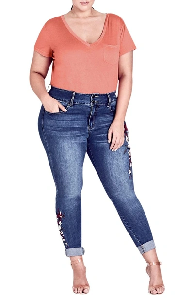 Shop City Chic Harley Floral Embroidered Skinny Jeans In Mid Denim