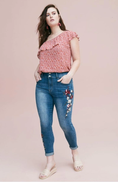 Shop City Chic Harley Floral Embroidered Skinny Jeans In Mid Denim