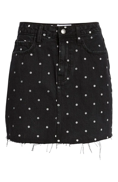 Shop Current Elliott The Five-pocket Cutoff Denim Miniskirt In Black Polka Dot W/ Cut Hem