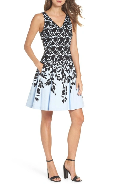 Shop Maggy London Print Fit & Flare Dress In Sky Blue/ Black