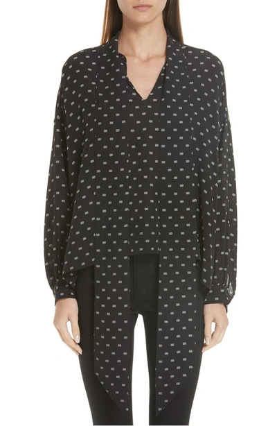 Shop Balenciaga Tie Neck Logo Print Silk Blouse In Black/ White