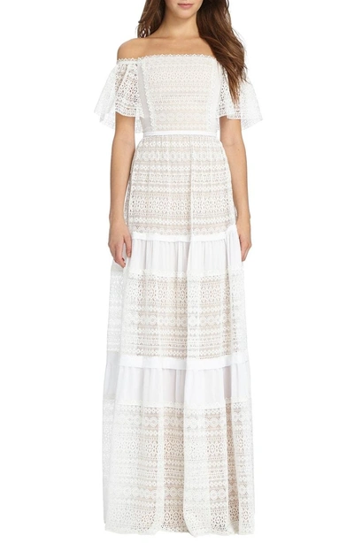 Shop ml Monique Lhuillier Off The Shoulder Lace Gown In White