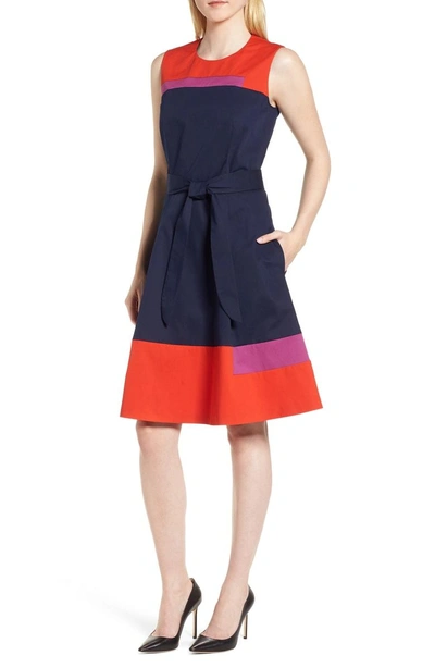 Shop Hugo Boss Colorblock Sleeveless Stretch Cotton Dress In Nautical Blue Block