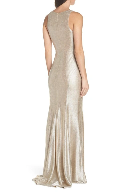 Shop Mac Duggal Sleeveless Front Slit Gown In Silver