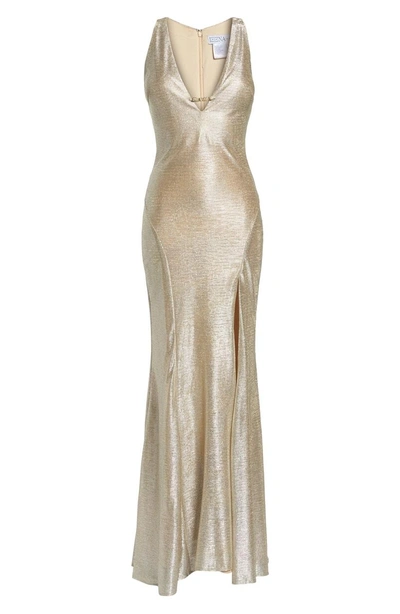 Shop Mac Duggal Sleeveless Front Slit Gown In Silver