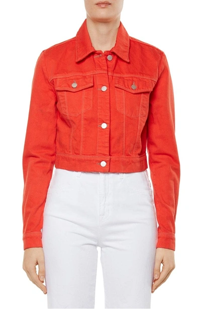 Shop J Brand Faye Crop Denim Jacket In Bright Coral