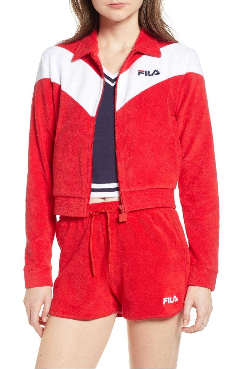 red and white track jacket