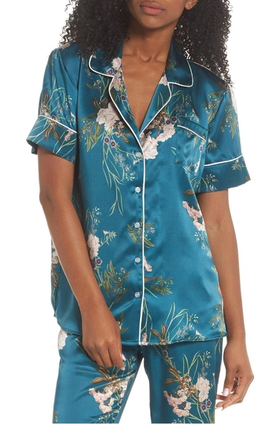 Shop Maison Du Soir Jenny Silk Pajama Top In Teal Floral
