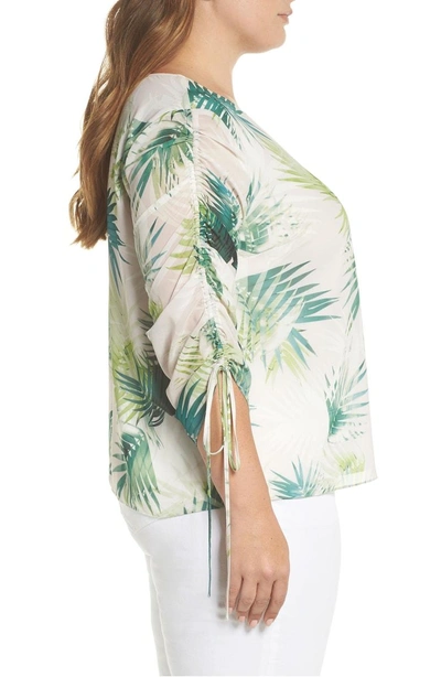 Shop Vince Camuto Drawstring Sleeve Sunlit Palm Print Top In Verdant Green