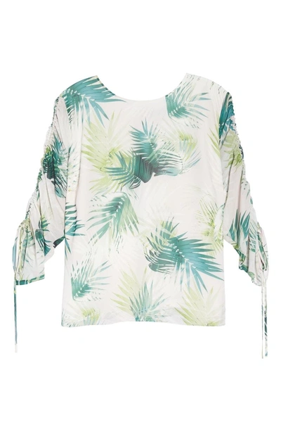 Shop Vince Camuto Drawstring Sleeve Sunlit Palm Print Top In Verdant Green