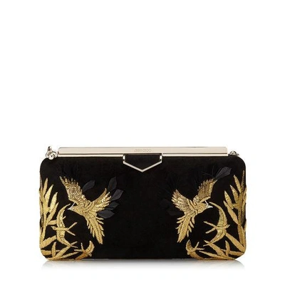 Shop Jimmy Choo Ellipse Black Suede Clutch Bag With Gold Bird Embroidery In Black/gold