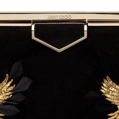 ELLIPSE Black Suede Clutch Bag with Gold Bird Embroidery