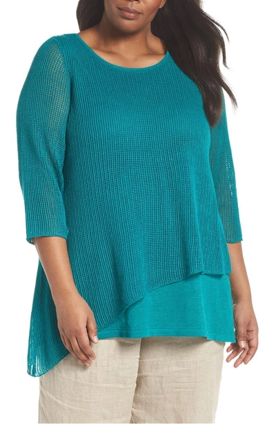 Shop Eileen Fisher Layered Organic Linen Tunic Sweater In Turquoise