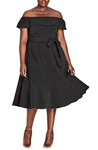 Shop City Chic Midi Madame Stripe Off The Shoulder Dress In Black