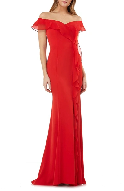 Shop Carmen Marc Valvo Infusion Off The Shoulder Cascading Ruffle Gown In Flame Red