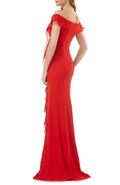 Shop Carmen Marc Valvo Infusion Off The Shoulder Cascading Ruffle Gown In Flame Red