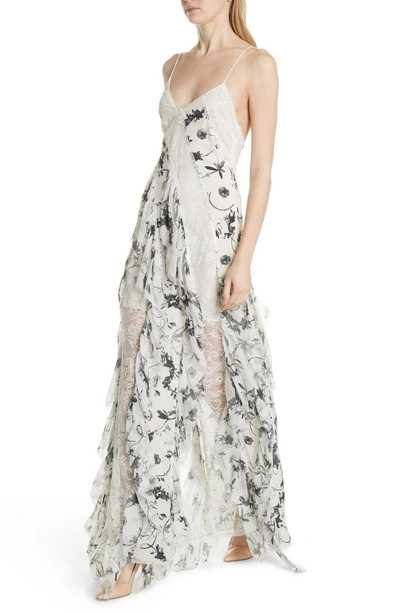 Shop Alice And Olivia Jayda Godet Lace Inset Silk Maxi Dress In Floral Crown