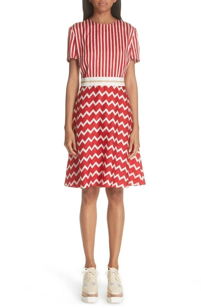 Shop Stella Mccartney Zigzag Stripe Silk Dress In Bone Lover Red