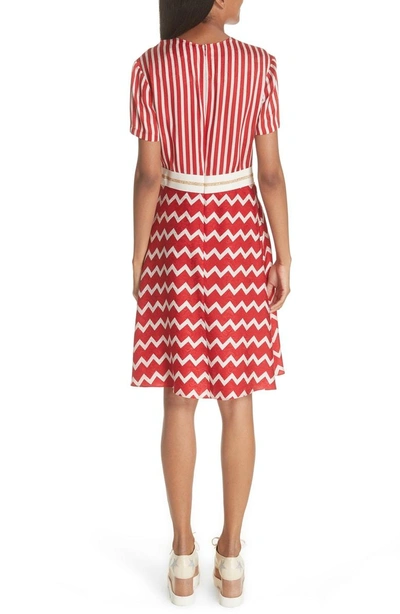 Shop Stella Mccartney Zigzag Stripe Silk Dress In Bone Lover Red